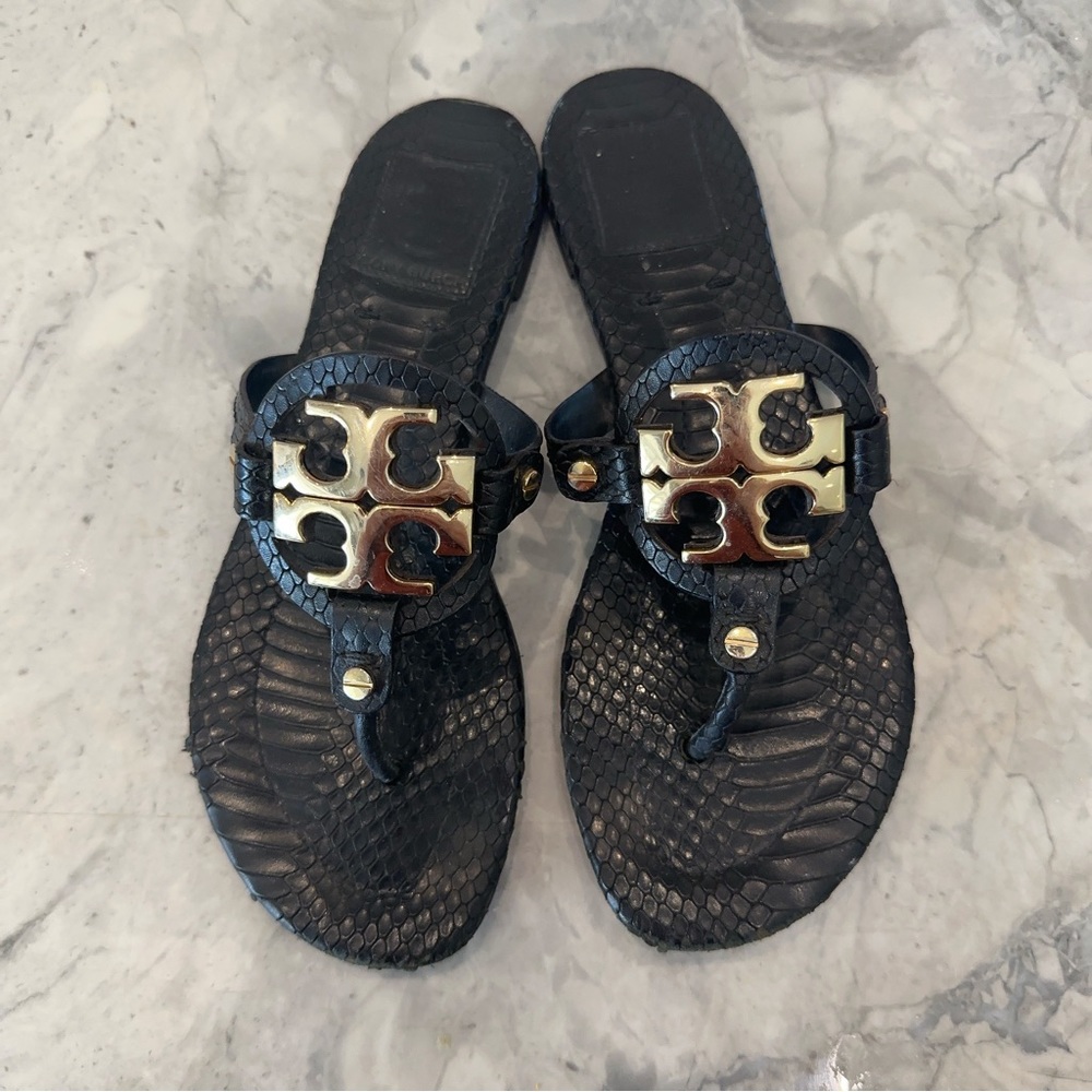 Tory Burch Miller Snake Embossed Black and Gold Sandal